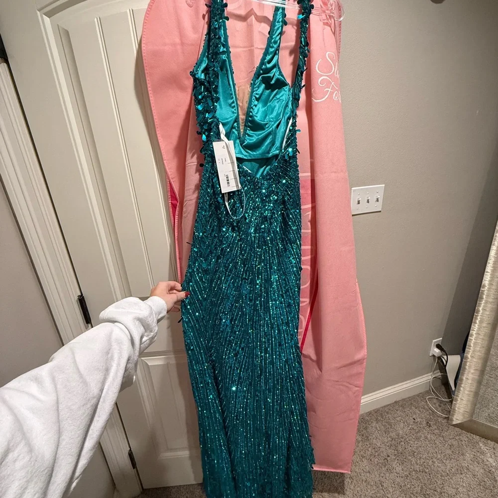 Green Sequin Halter Prom Gown - Picture 6 of 8